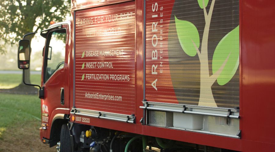 One of several trucks in the fleet from Arborist Enterprises at a job in Lititz, PA.