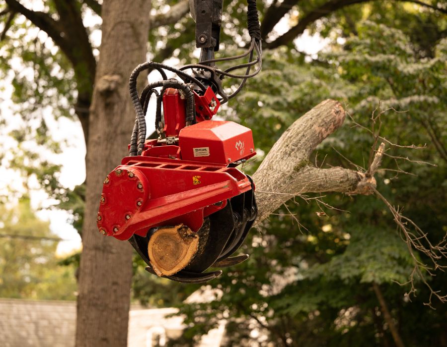 A grapplesaw in action holding a log after a tree removal in Manheim, PA