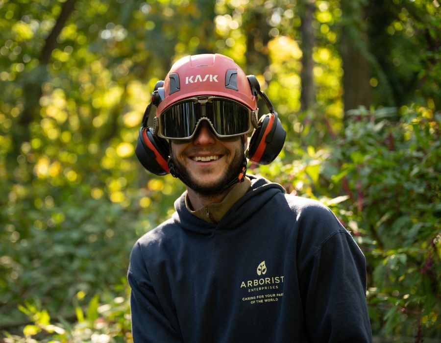 An arborist wearing a blue hoodie.