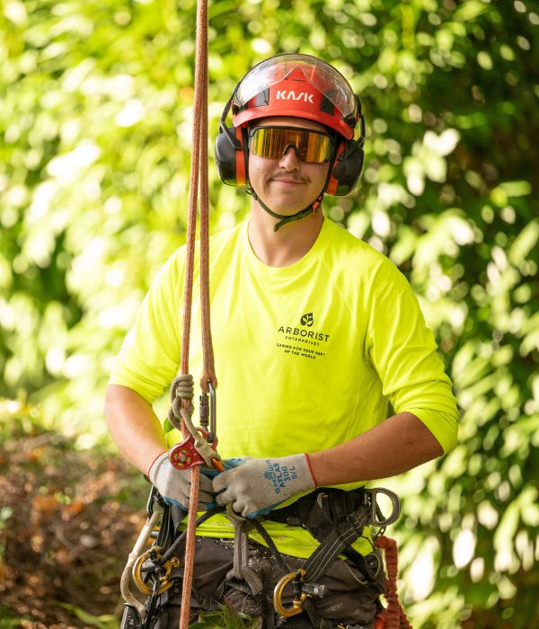 Arborist with safety harness smiling.