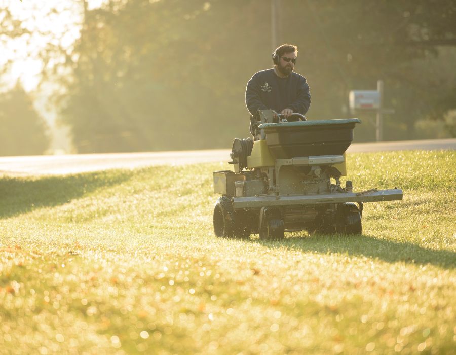 An arborist of Arborist enterprises doing lawn care, fertilizing the soil.