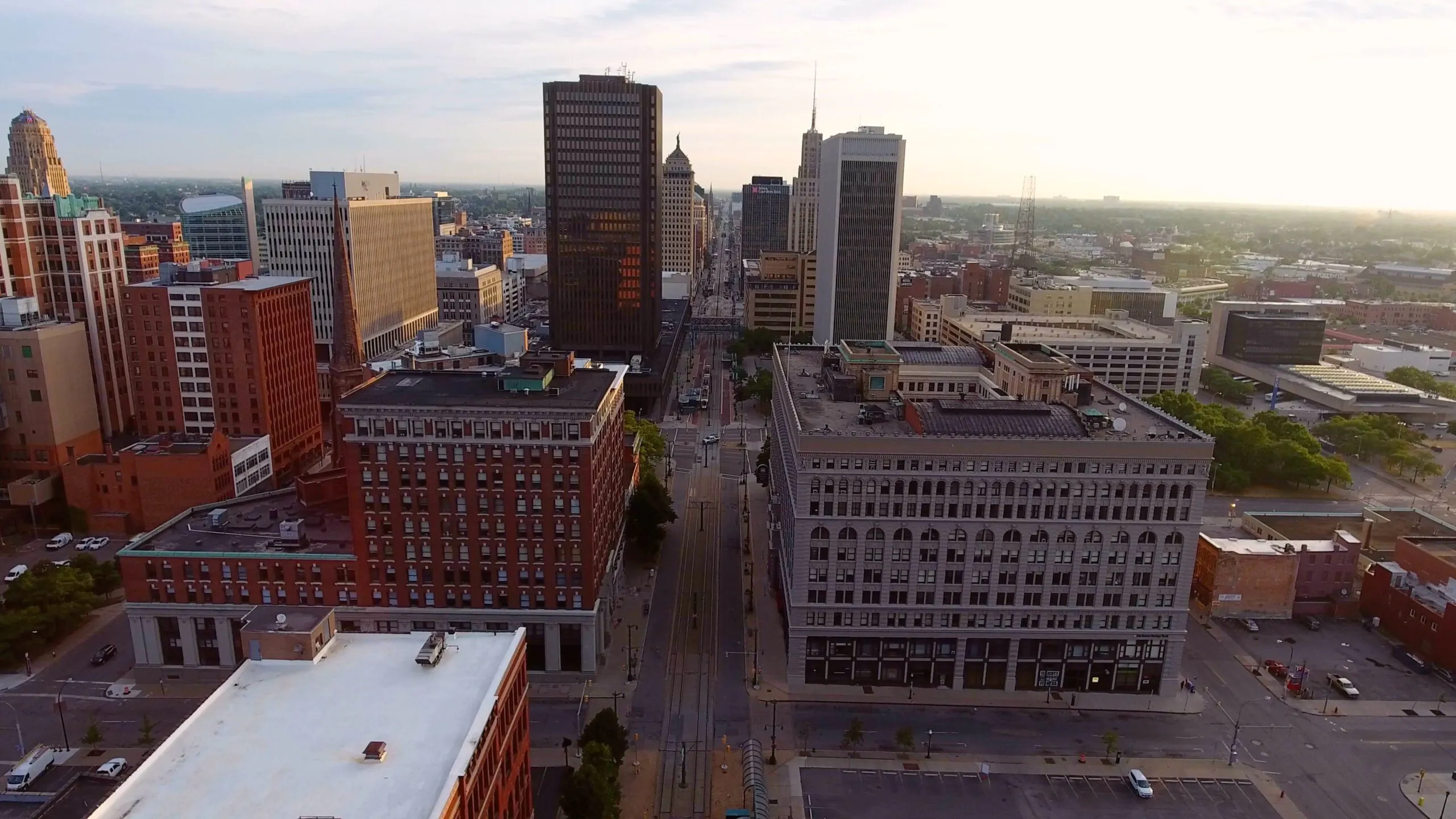 A high angle shot of a cityscape with a lot of tall buildings in Buffalo, New York